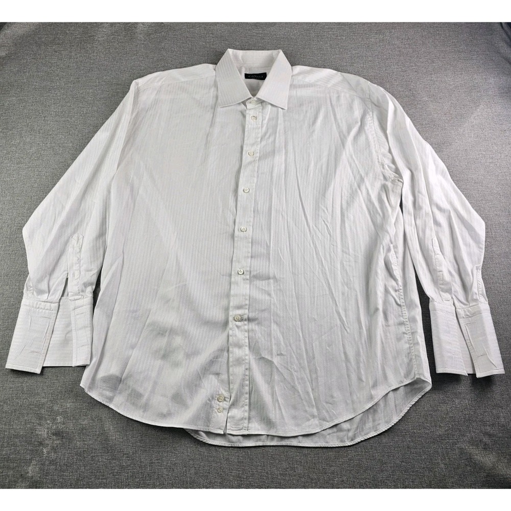 Canali Shirt Men 18 46 White Herringbone Button Up Long Sleeve French Cuff Italy